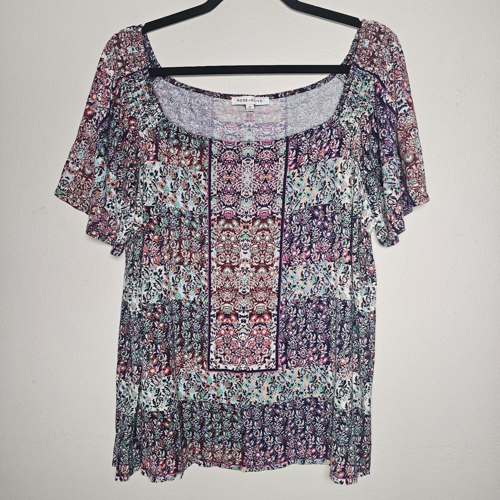 Rose +‎ Olive Womens 2X Multicolored Smocked Shoulder Flutter Sleeve Top Boho